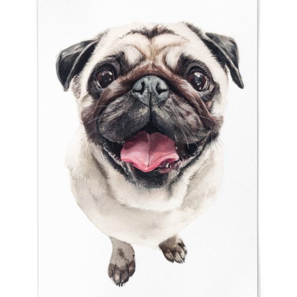 Watercolor Fawn Pug Dog Pet Portrait Wall Art Print Poster Unframed - Picture 2 of 6